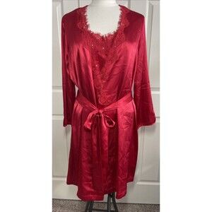 Morgan Taylor Intimates Red Liquid Satin Sequin Lace Nightgown & Robe Set Size L